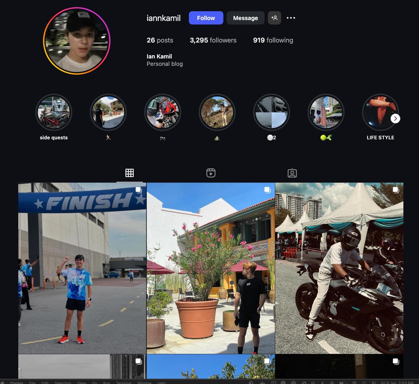 Instagram profile screenshot of IAN KAMIL BIN IRWAN KAMIL (Ian Kamil) from Ipoh Perak Malaysia, phone 012-9787215